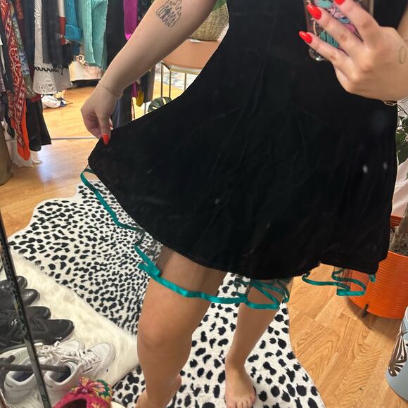 Vintage Velvet Party Cocktail Mini Dress Black green Size 5 - Picture 4 of 5
